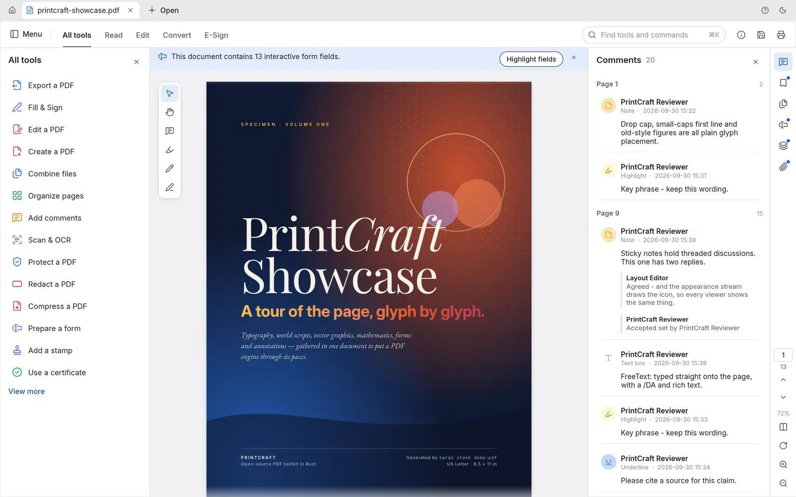 PrintCraft 界面:PDF 阅读、编辑与批注协作
